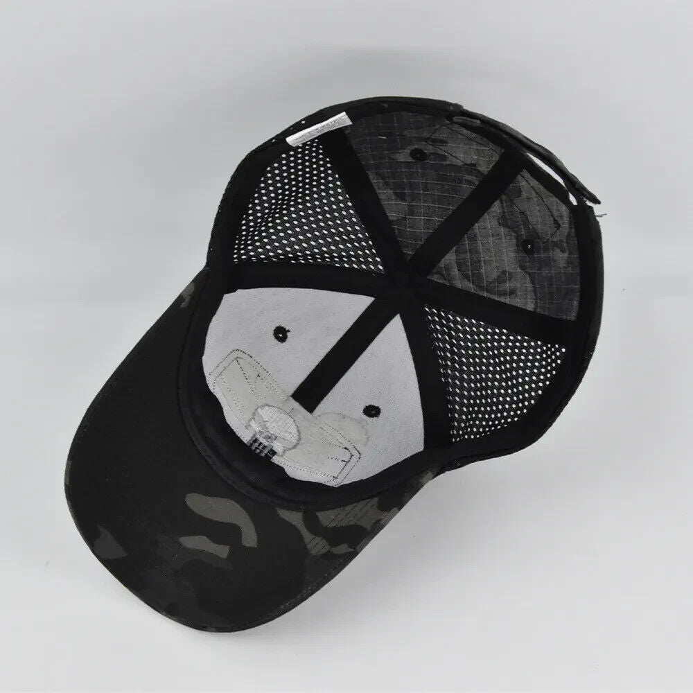 BLACK CAMO PUNISHER VENTED OPERATORS HAT.
