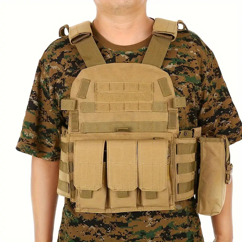 Tan Combination Plate Carrier with Molle Pouches.