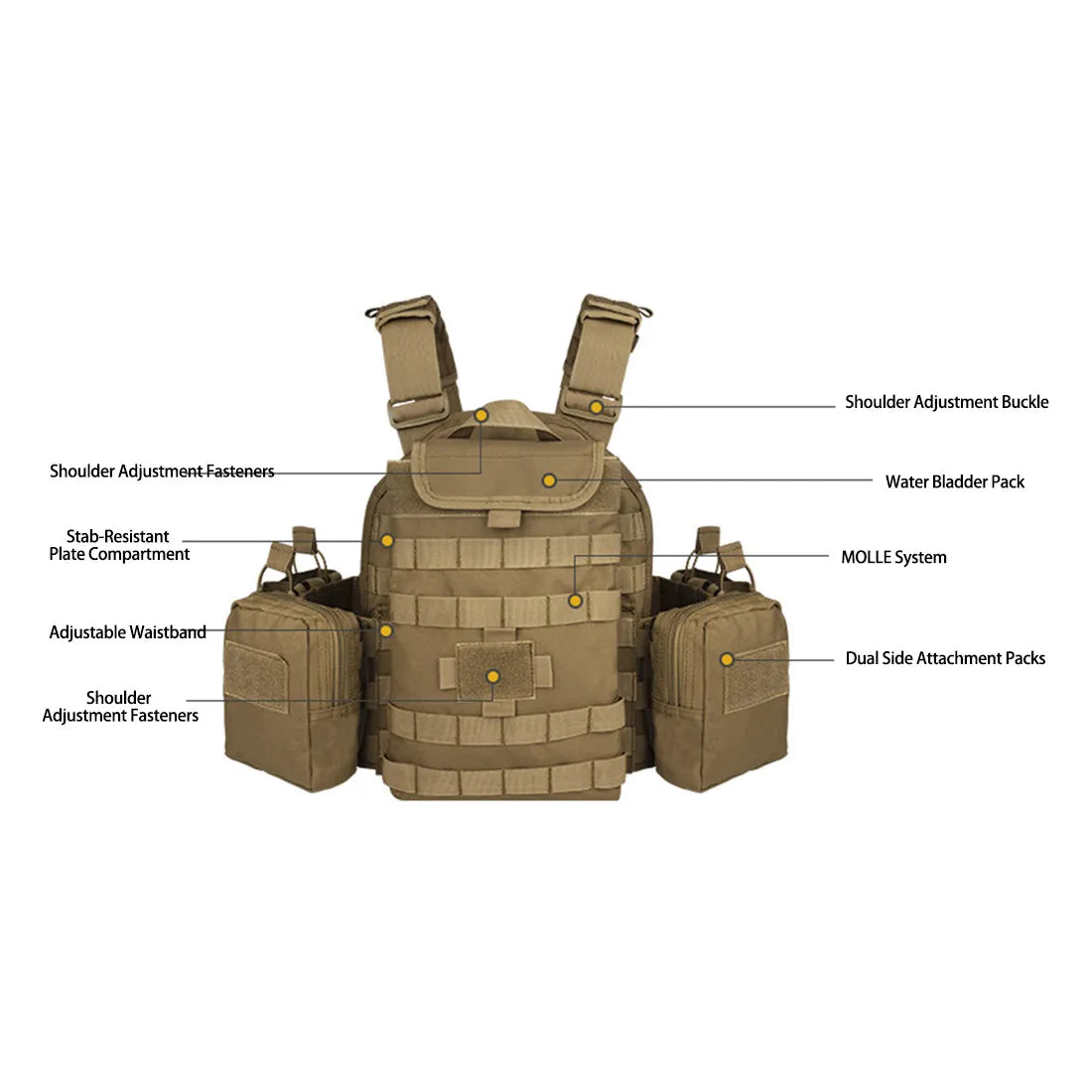 Tan Heavy Duty Plate Carrier with Rear Hydration Pouch.