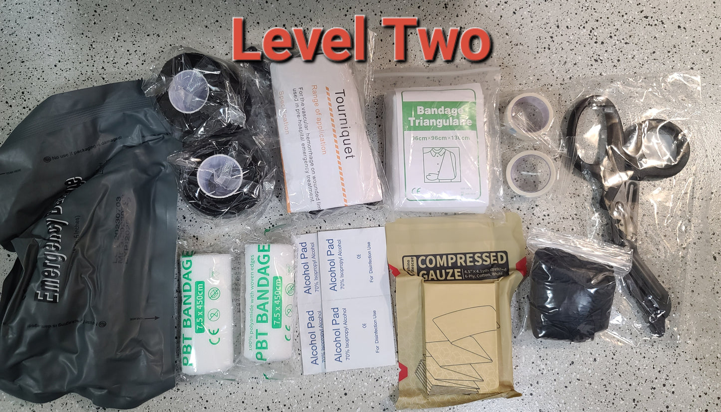 KITS DE RECHARGE IFAK - FOURNITURES DE PREMIERS SOINS POUR LES TRAUMATISMES. 3 NIVEAUX DIFFÉRENTS À CHOISIR.