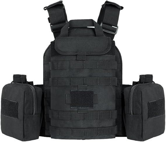 Black Heavy Duty Plate Carrier with Rear Hydration Pouch.