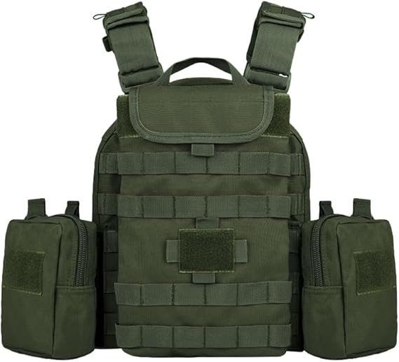 Army Green Heavy Duty Plate Carrier with Rear Hydration Pouch.