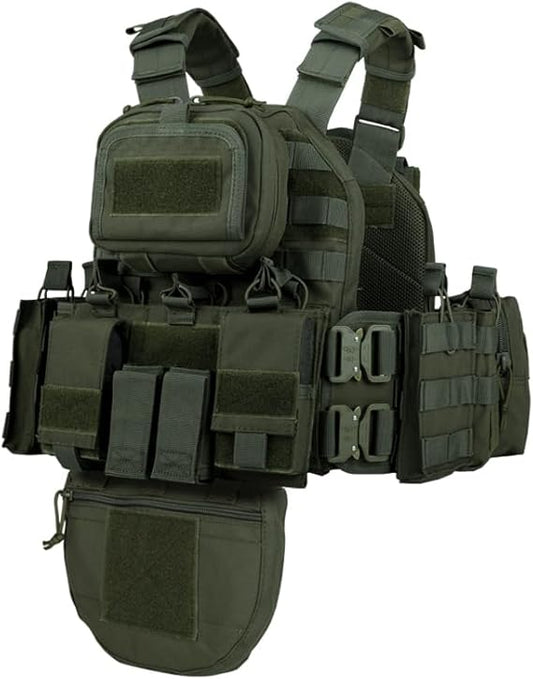 Army Green Heavy Duty Plate Carrier with Rear Hydration Pouch.