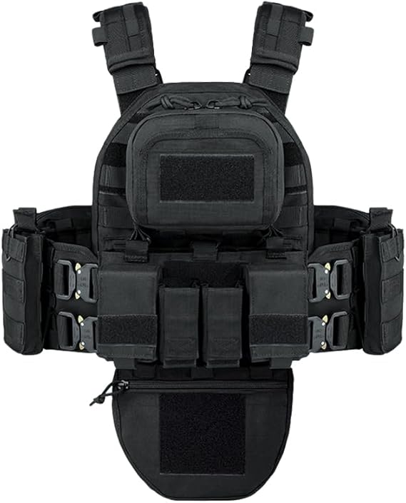Black Heavy Duty Plate Carrier with Rear Hydration Pouch.