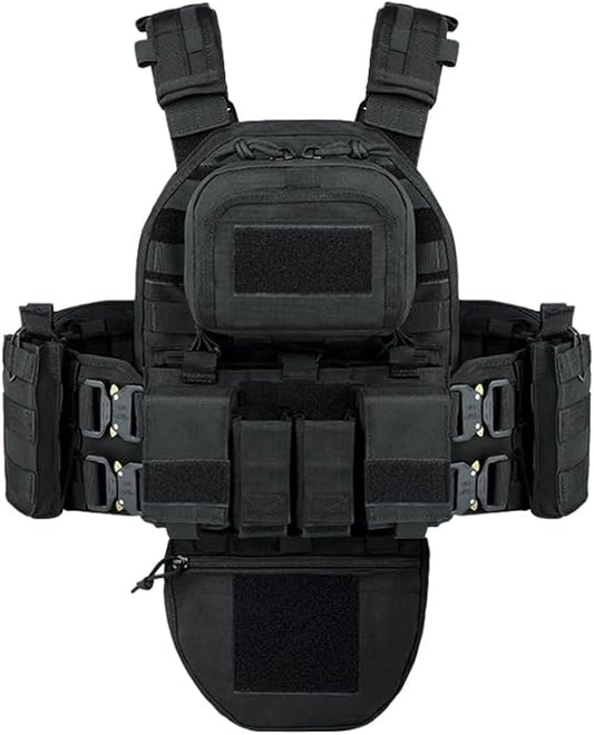 Black Heavy Duty Plate Carrier with Rear Hydration Pouch.
