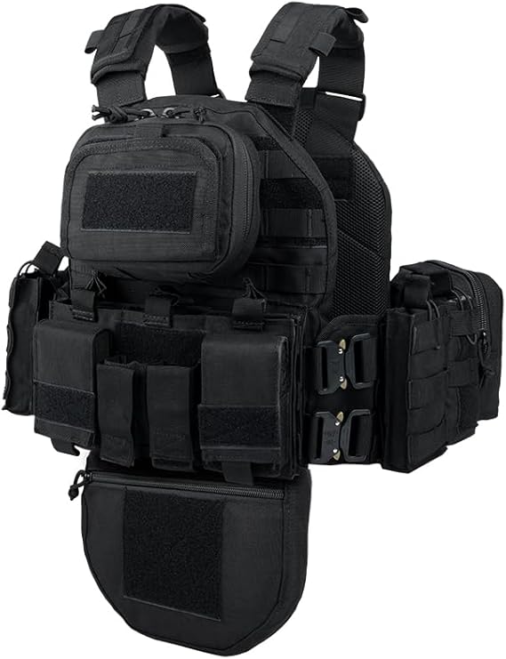 Black Heavy Duty Plate Carrier with Rear Hydration Pouch.