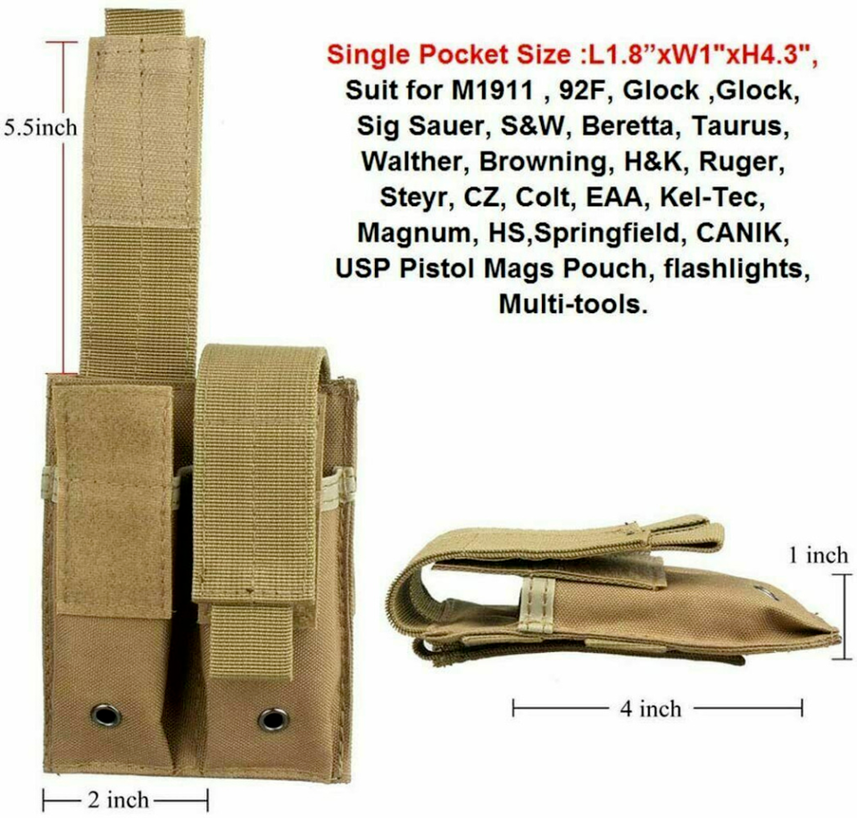 Double Pistol Magazine Molle Pouch Holder. 3 colors to choose from. 600D Nylon.