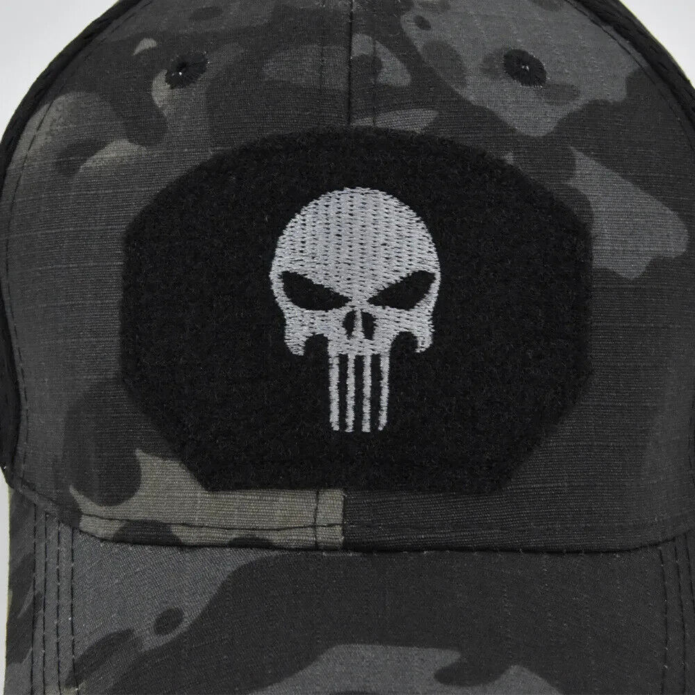 BLACK CAMO PUNISHER VENTED OPERATORS HAT.