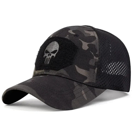 BLACK CAMO PUNISHER VENTED OPERATORS HAT.