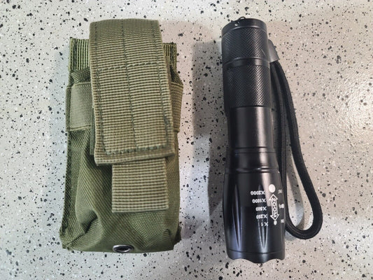 ARMY GREEN MOLLE FLASHLIGHT HOLDER WITH FLASHLIGHT