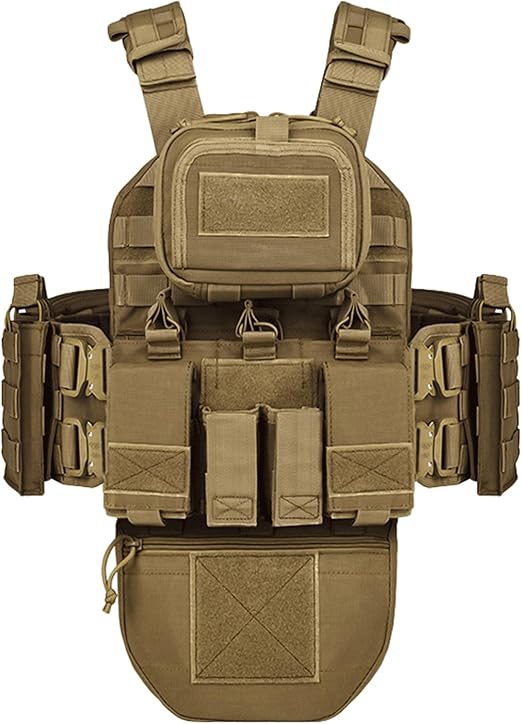 Tan Heavy Duty Plate Carrier with Rear Hydration Pouch.