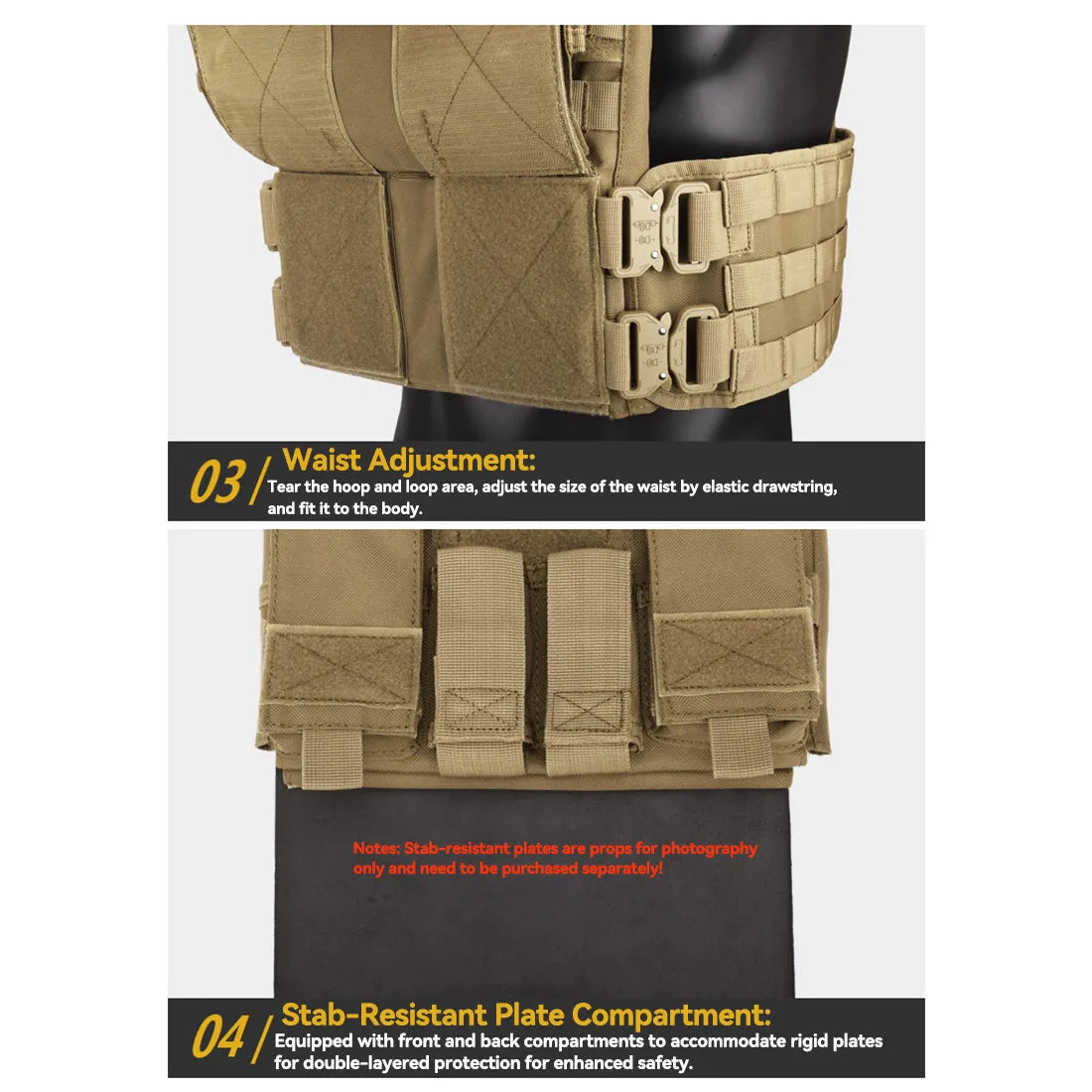 Tan Heavy Duty Plate Carrier with Rear Hydration Pouch.