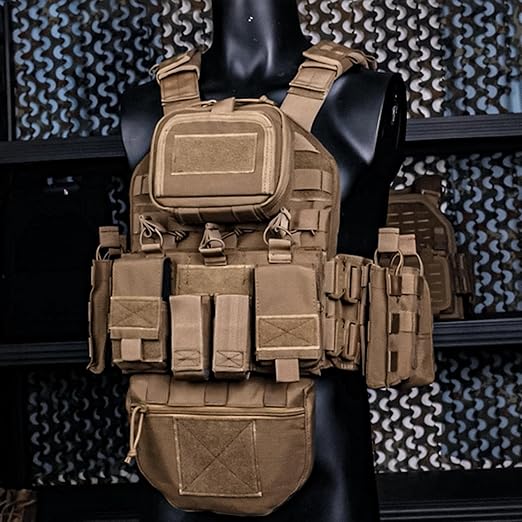 Tan Heavy Duty Plate Carrier with Rear Hydration Pouch.