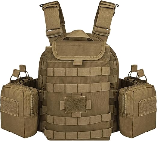 Tan Heavy Duty Plate Carrier with Rear Hydration Pouch.