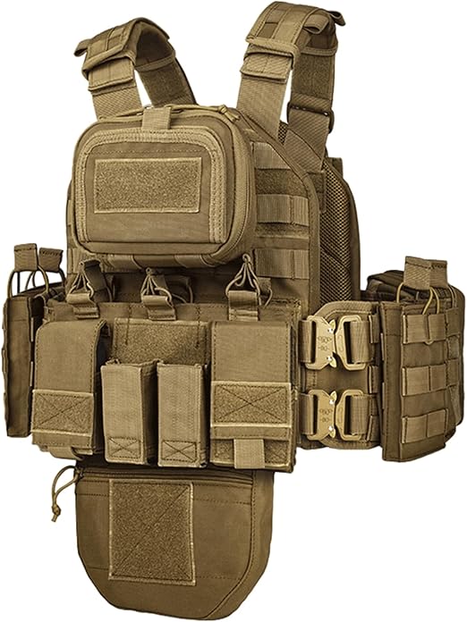Tan Heavy Duty Plate Carrier with Rear Hydration Pouch.