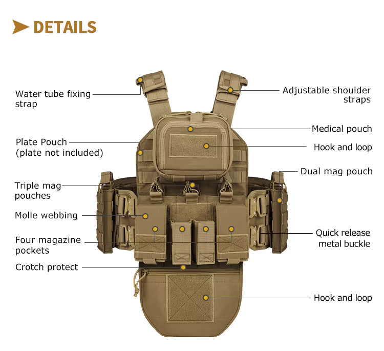 Tan Heavy Duty Plate Carrier with Rear Hydration Pouch.