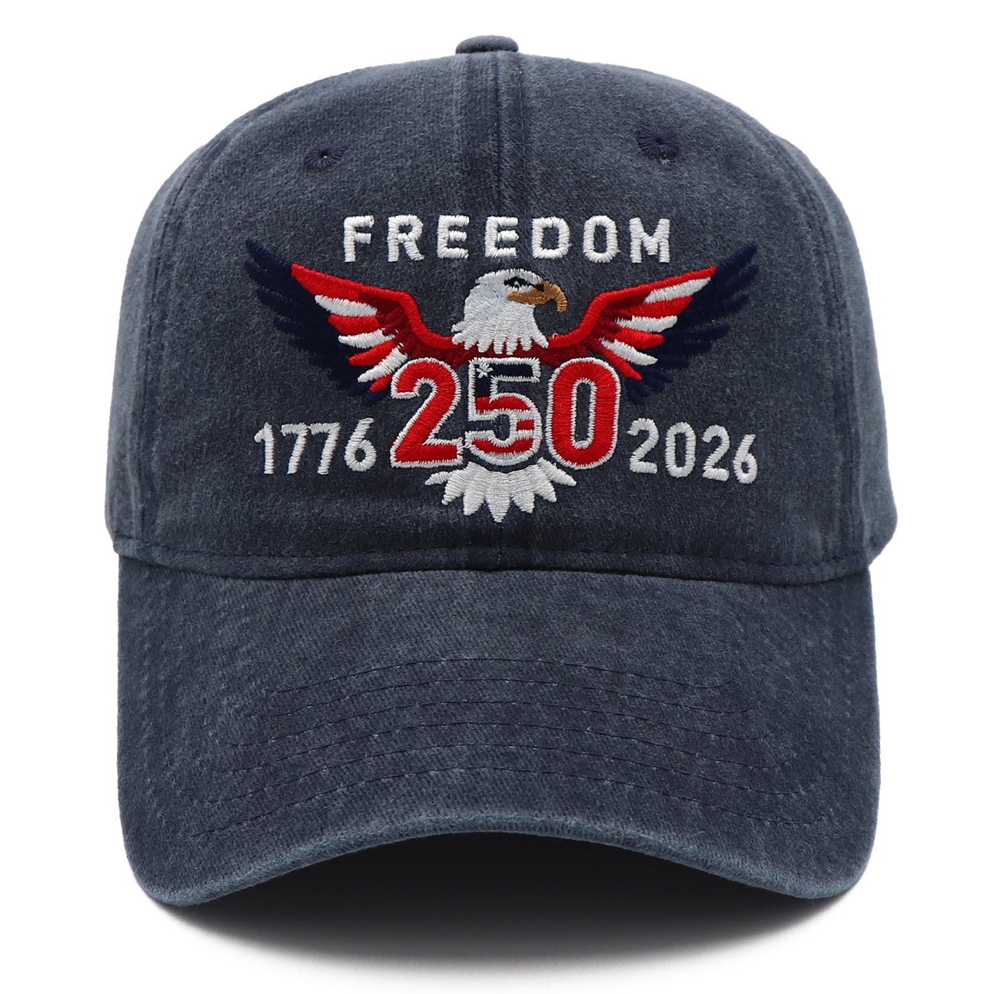 Navy blue cap with eagle emblem and 'Freedom 250' text on a white background