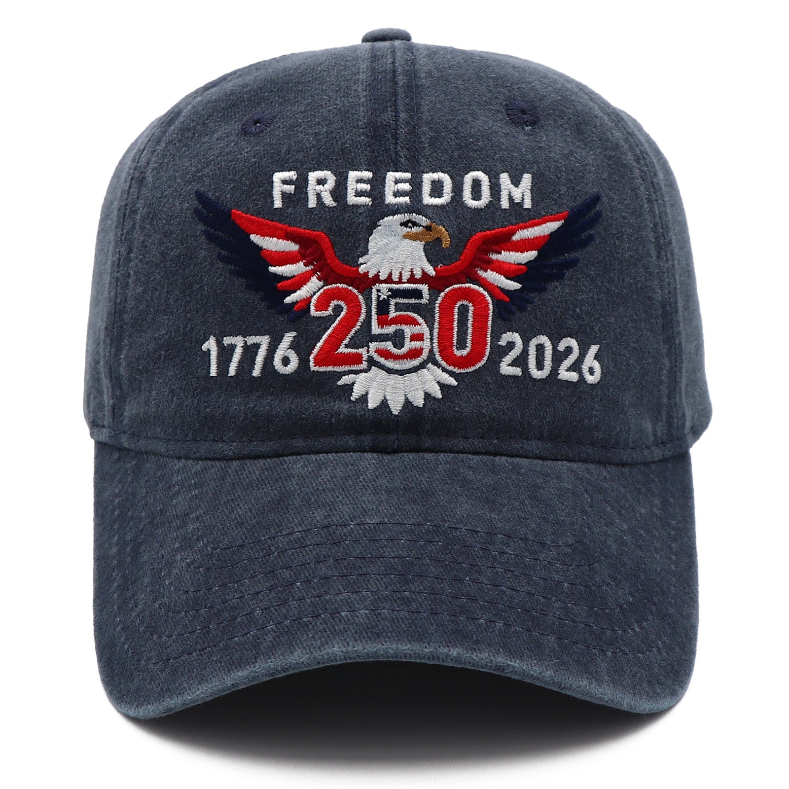 Navy blue cap with eagle emblem and 'Freedom 250' text on a white background