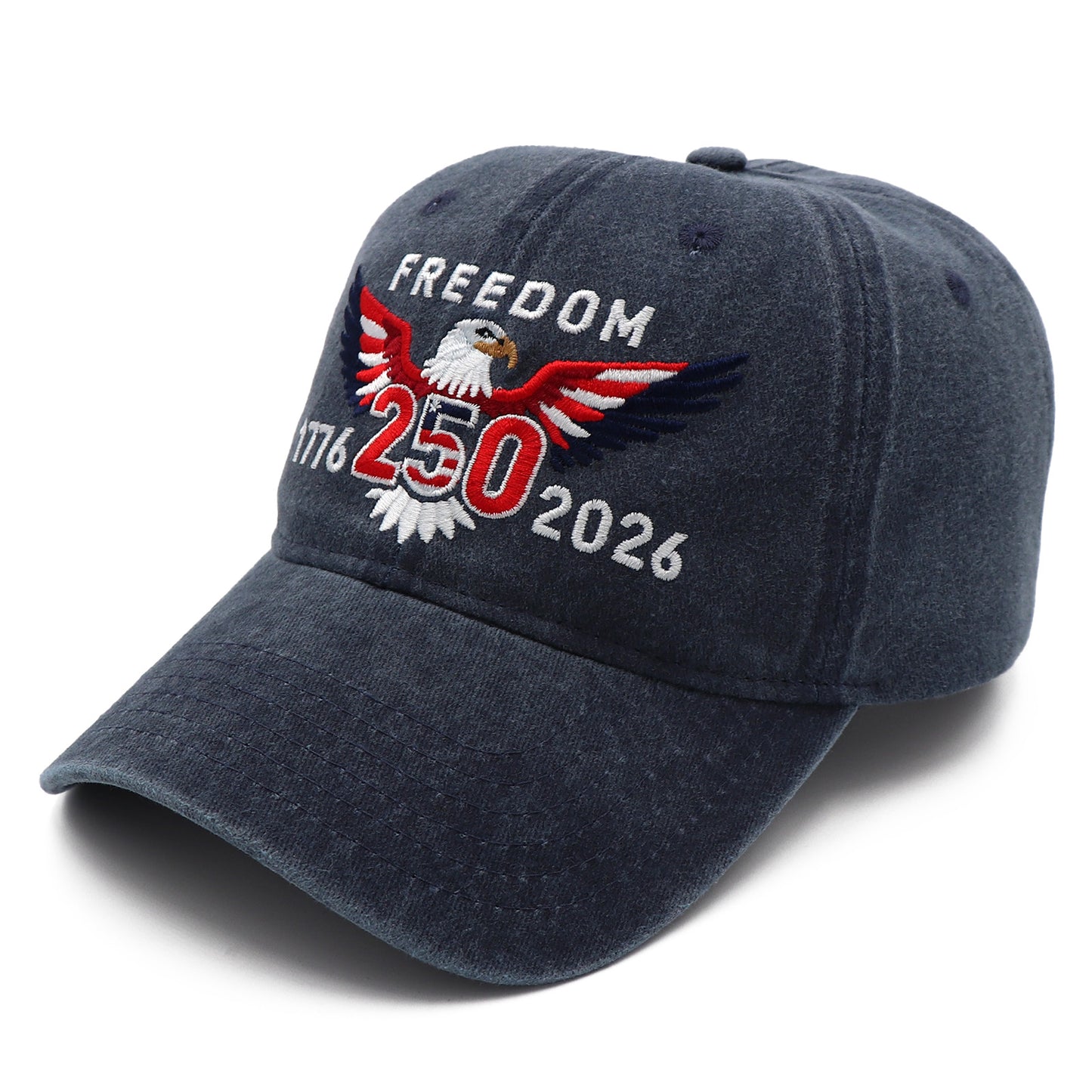 Navy blue cap with eagle design and 'Freedom 250 1776-2026' text on a white background