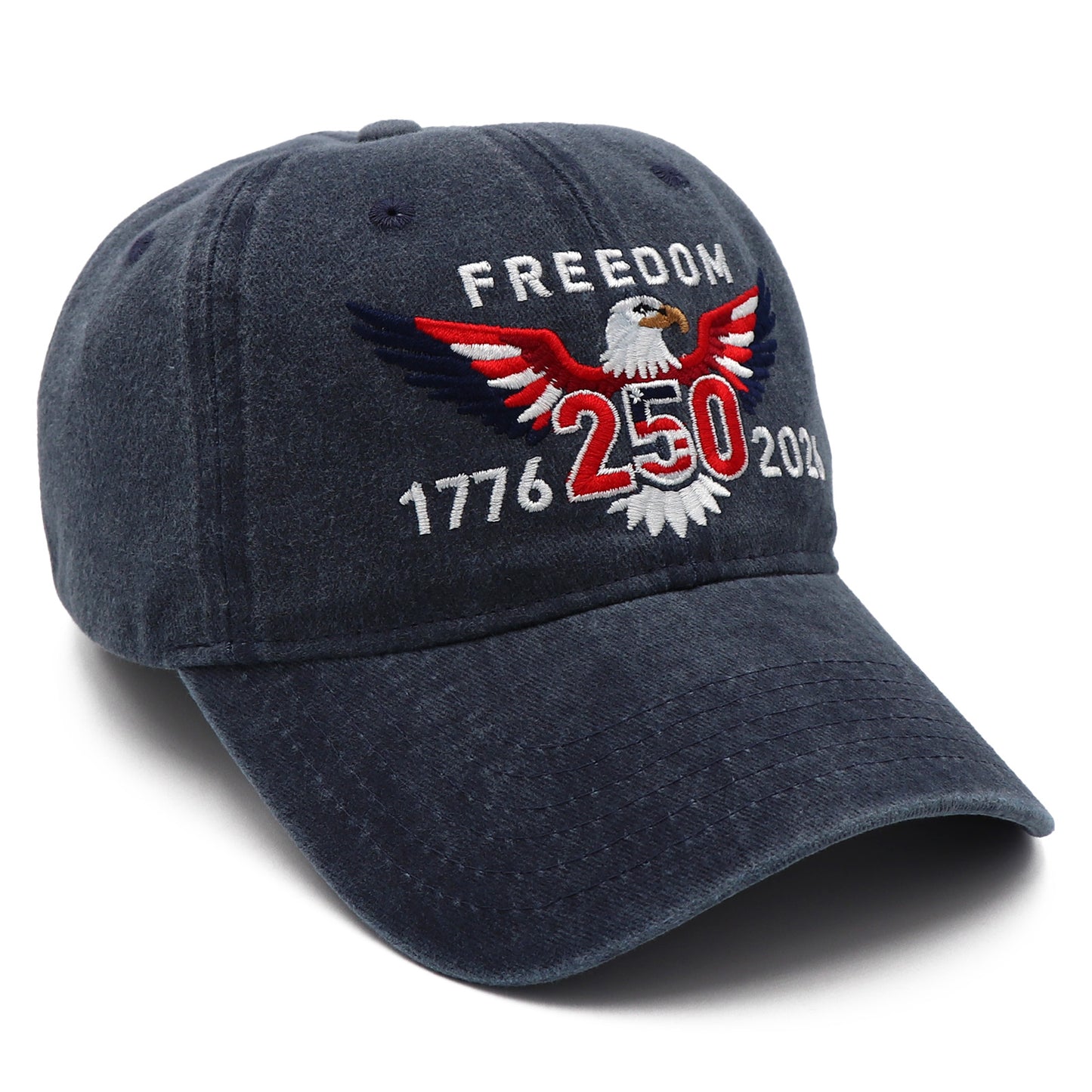 Navy blue cap with eagle emblem and 'Freedom 250' text on a white background