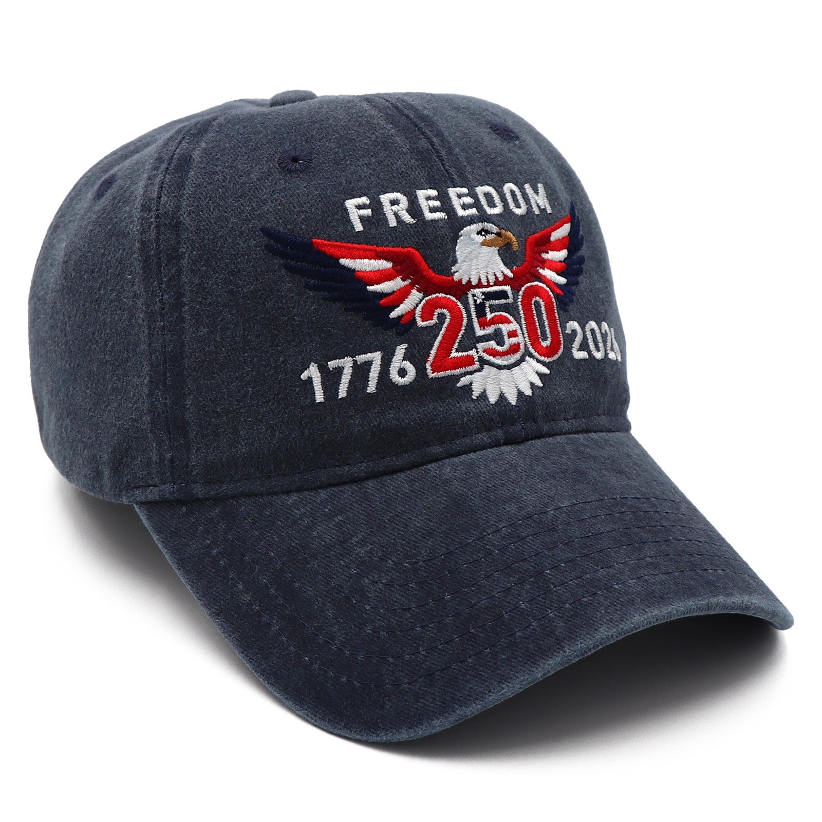Navy blue cap with eagle emblem and 'Freedom 250' text on a white background
