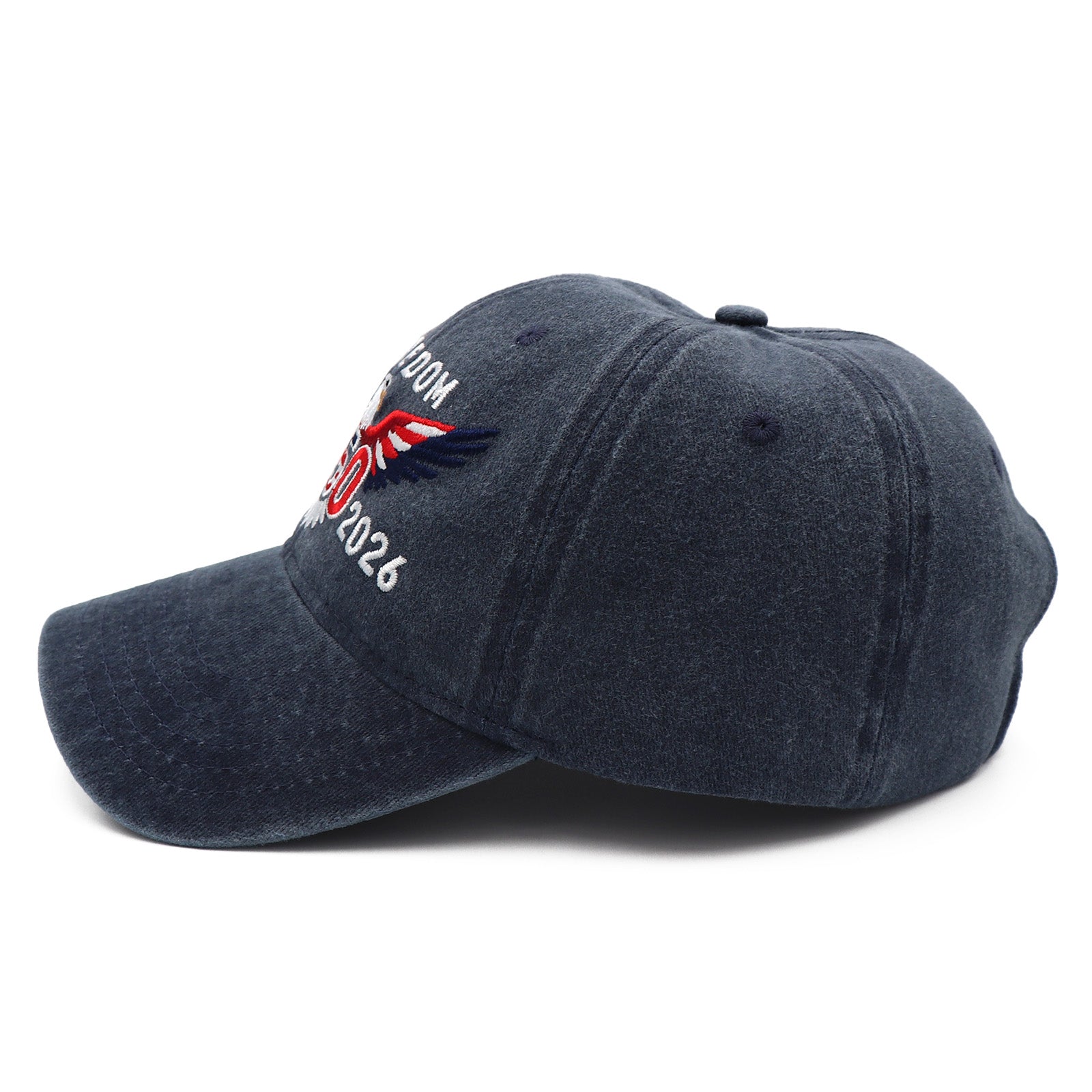 Navy blue cap with a logo and text on a white background
