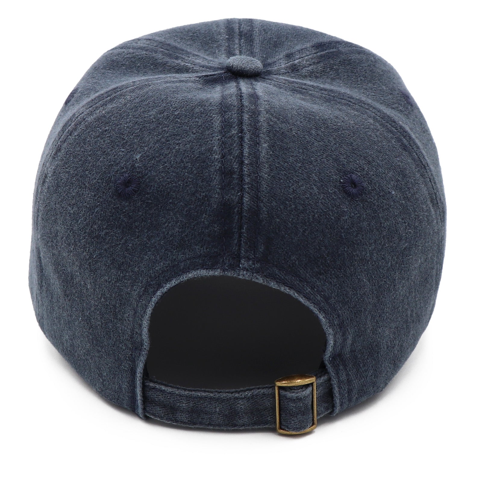 Blue denim cap with a gold buckle on a white background
