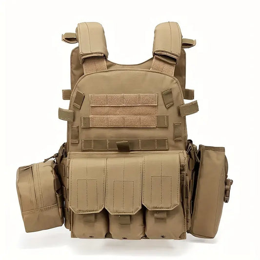 Tan Combination Plate Carrier with Molle Pouches.