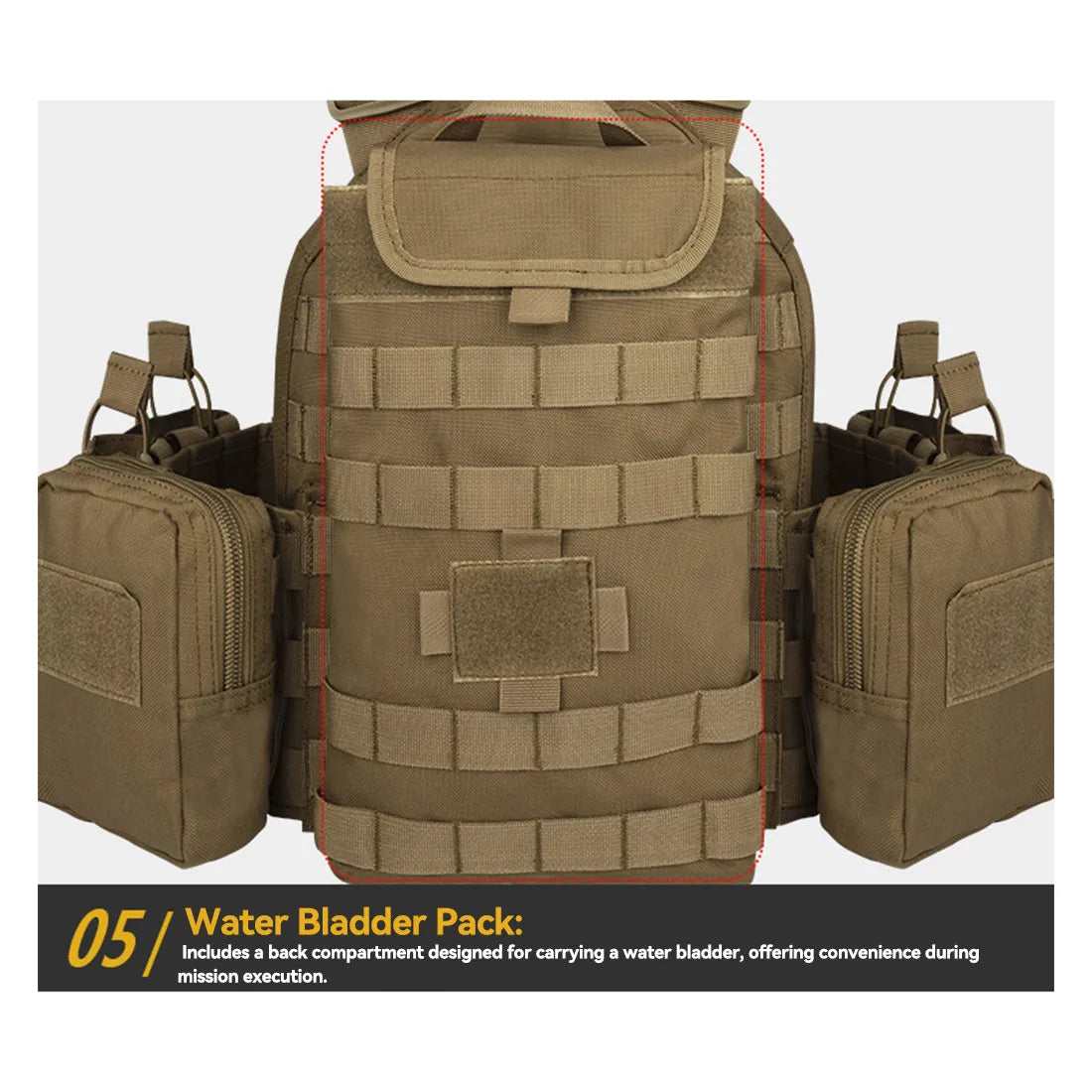 Tan Heavy Duty Plate Carrier with Rear Hydration Pouch.