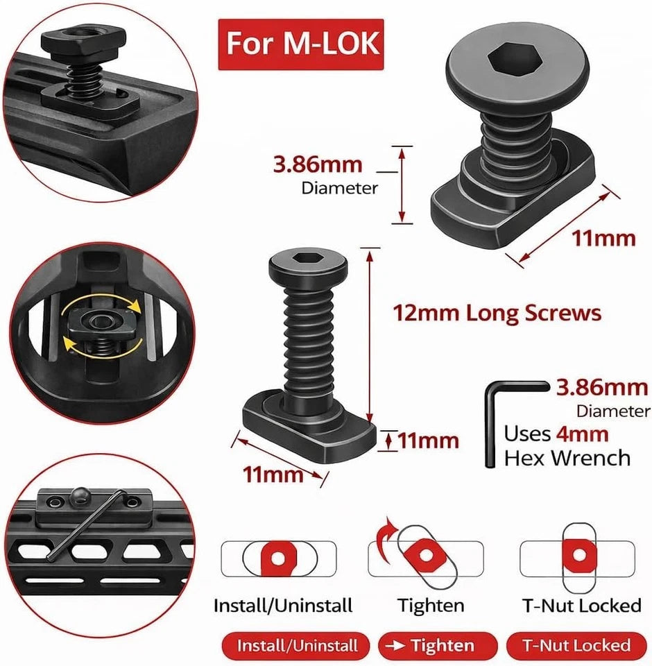 10 PCS M-Lok Rail Mount Screws & T-Nut Complete Replacement Sets. FREE SHIPPING