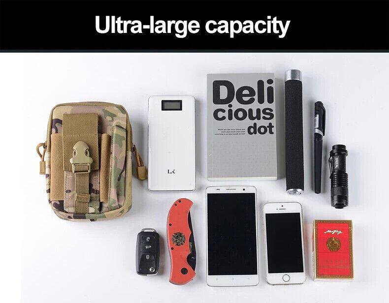 BLACK TACTICAL MOLLE PACK, EDC MULTI-PURPOSE BAG, UTILITY POCKET, HIKING, BELT.