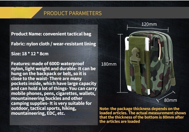BLACK TACTICAL MOLLE PACK, EDC MULTI-PURPOSE BAG, UTILITY POCKET, HIKING, BELT.